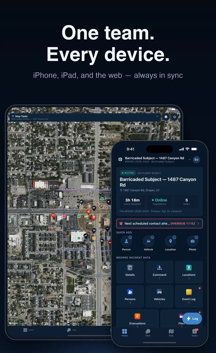 The CORE mobile app on iPad and iPhone — the live incident map and overview, in sync with the web